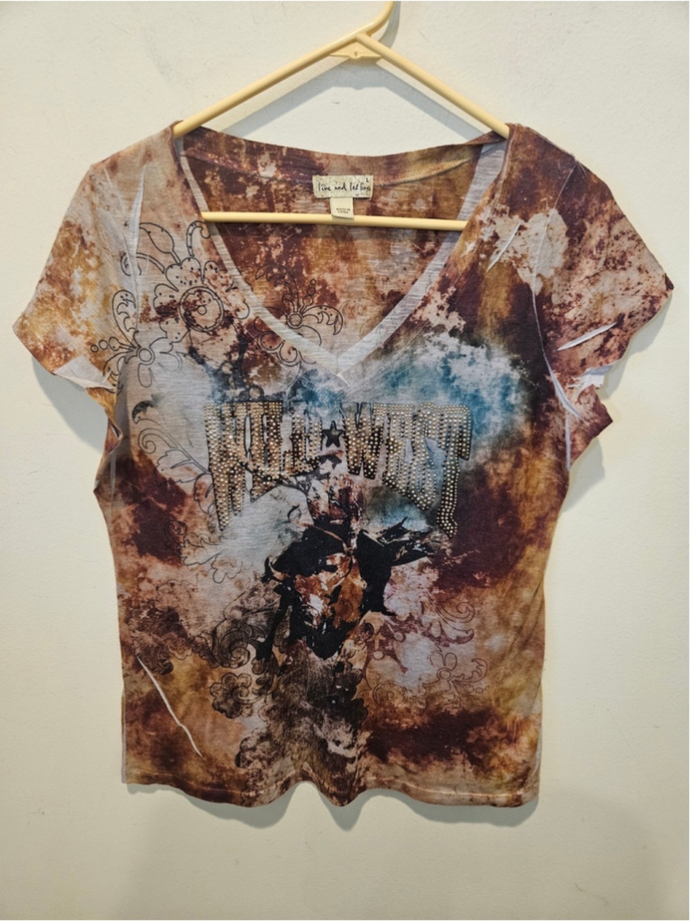 Women's Live and Let Live Rustic Brown Blue Graphic Wild West Tee Size L